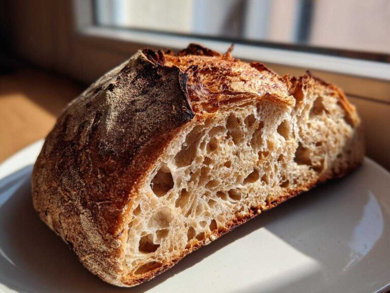 Close-up of a freshly baked sourdough discard bread, showing the open, airy crumb structure and dark, crusty exterior.