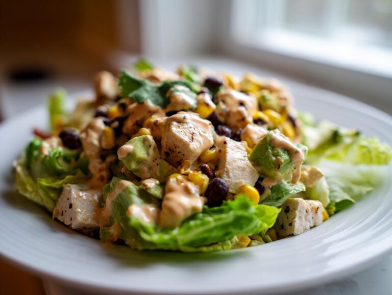 A close-up of a vibrant spicy southwest salad featuring chunks of grilled chicken, avocado, corn, black beans, and creamy dressing over crisp lettuce.