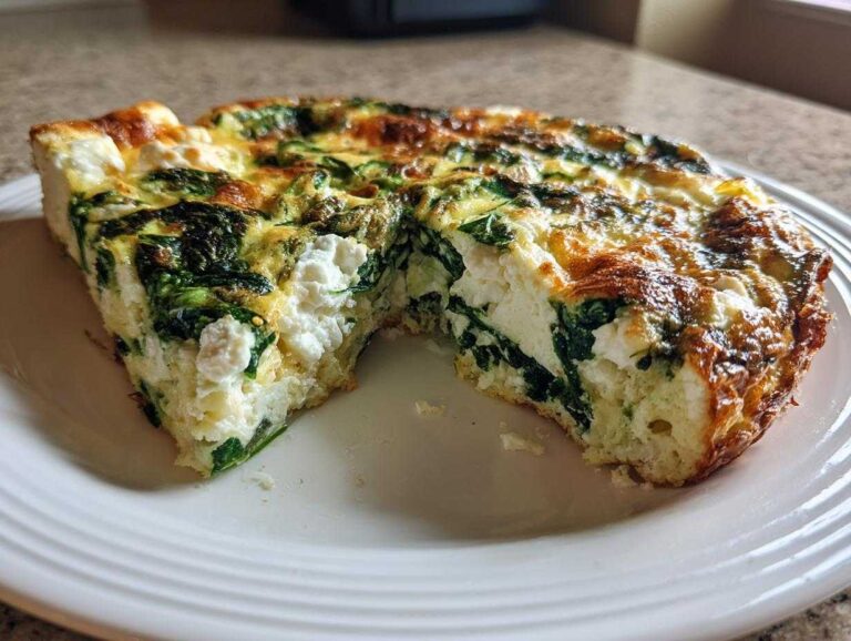 A thick slice of baked Spinach and Goat Cheese Frittata showing fluffy eggs, dark green spinach, and chunks of white goat cheese.
