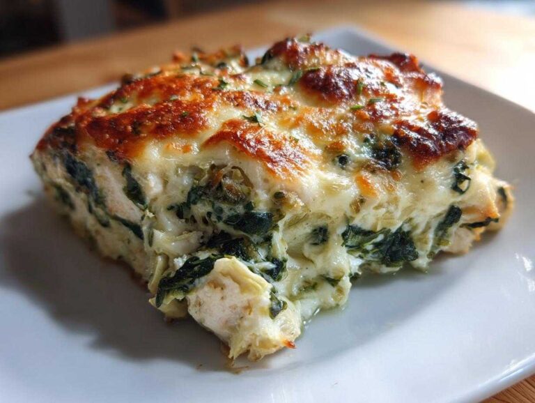 Close-up of a serving of spinach artichoke chicken bake featuring creamy filling, visible chicken pieces, and a golden-brown melted cheese crust.