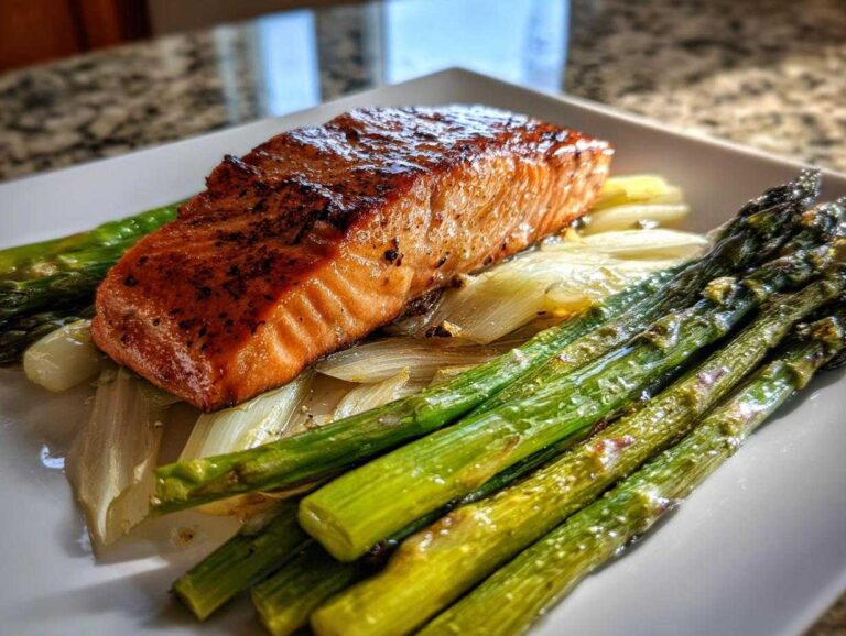 A close-up of a pan-seared Spring Salmon with Creamed Leeks and roasted asparagus spears on a white plate.
