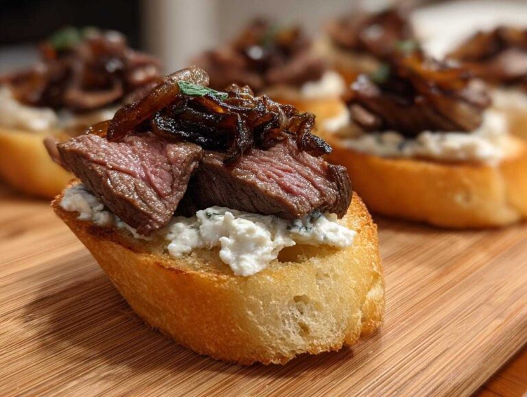 Close-up of a delicious steak crostini topped with blue cheese spread and caramelized onions.