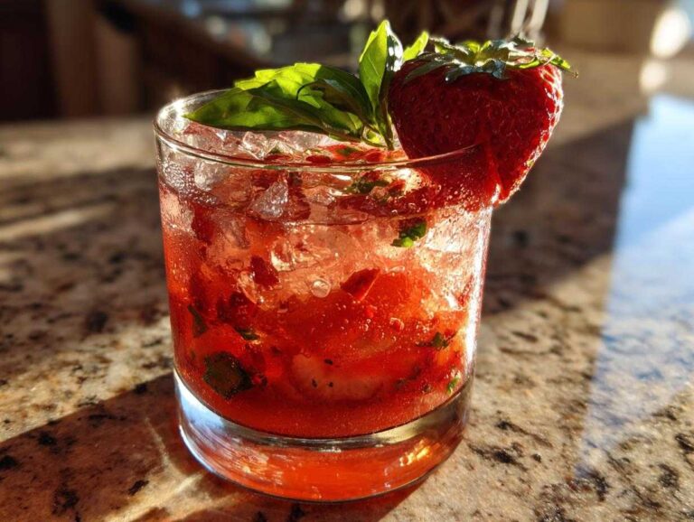 A vibrant strawberry basil smash cocktail filled with crushed ice, muddled strawberries, and garnished with a fresh strawberry and basil leaves.
