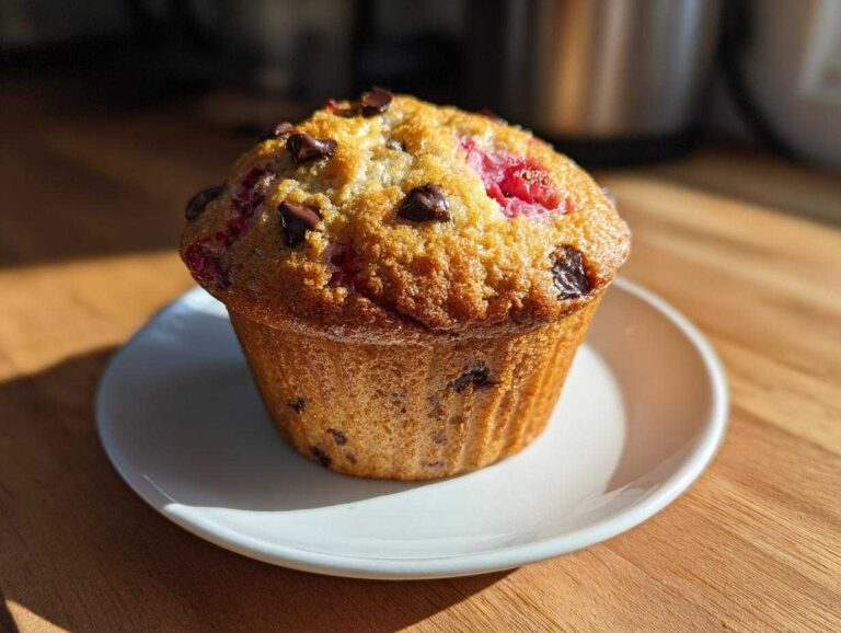 A perfectly baked strawberry chocolate chip muffin with visible strawberries and chocolate chips on top, resting on a white saucer.