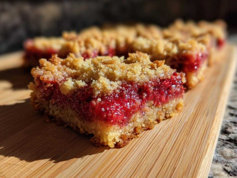 A close-up, brightly lit cross-section of a delicious strawberry crumble bar showing the thick jam filling and crumb topping.