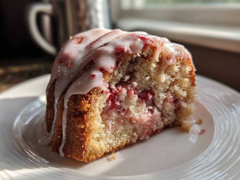 A close-up of a moist slice of strawberry honeybun cake topped with white vanilla glaze, sitting on a white plate.