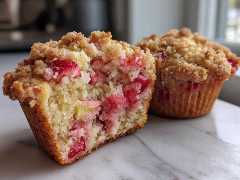 A halved Strawberry Rhubarb Muffin showing moist interior with pink fruit chunks, next to a whole muffin with a sugary crumb topping.