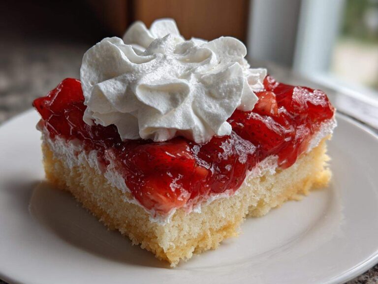 A close-up of a square slice of strawberry shortcake bars topped with glistening strawberry glaze and a dollop of whipped cream.
