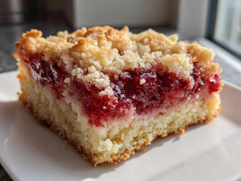 Close-up of a square slice of strawberry shortcake streusel bars showing a thick jammy strawberry layer and crumbly topping.