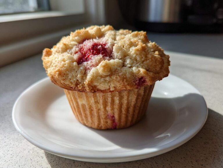 A single, freshly baked strawberry yogurt muffin with a golden crumb topping sitting on a small white plate.