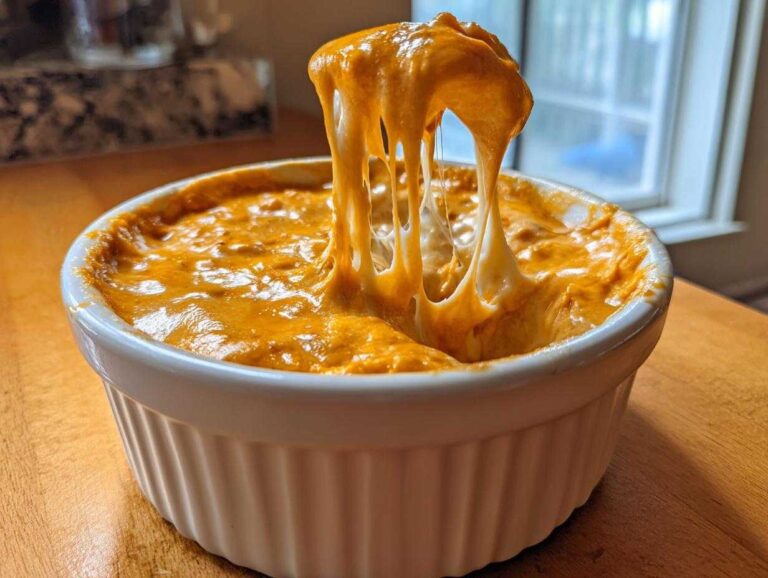 A spoonful of orange-colored cheese fondue recipe being lifted, showing long, stretchy cheese pulls.