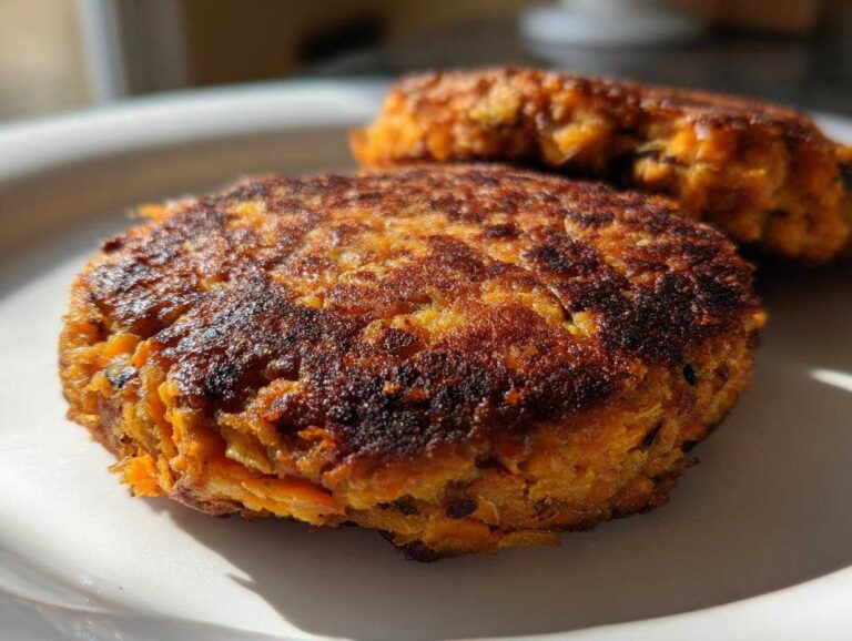 Close-up of two golden-brown, seared sweet potato and black bean burger patties on a white plate.