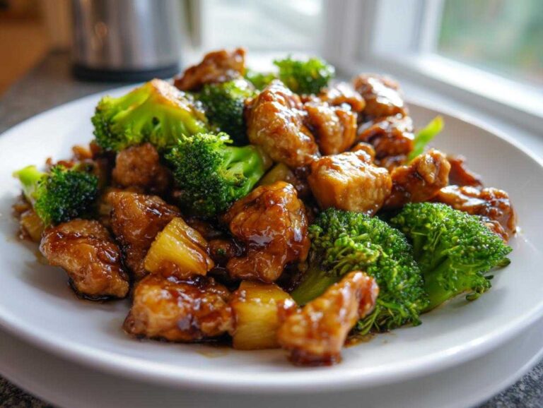 Close-up of teriyaki sheet pan pineapple chicken and broccoli coated in a glossy sauce on a white plate.