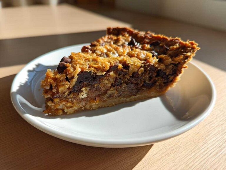 A close-up slice of rich, gooey texas trash pie loaded with chocolate chips and nuts, served on a white plate.