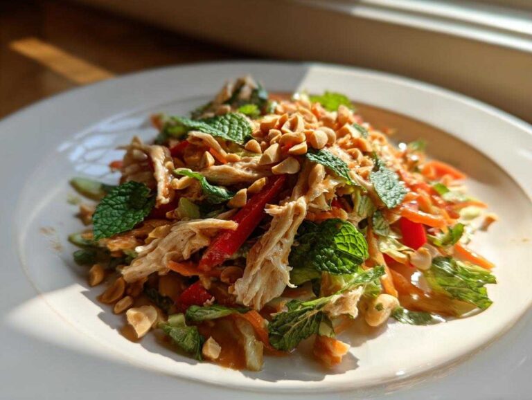 A vibrant plate of Thai chicken salad recipe featuring shredded chicken, fresh mint, red peppers, and crushed peanuts.