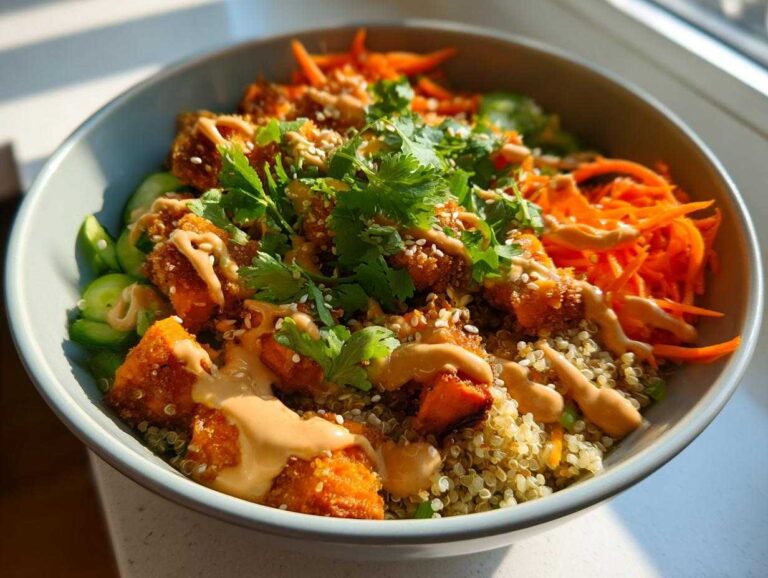 A vibrant thai peanut sweet potato buddha bowl featuring crispy sweet potato, quinoa, shredded carrots, cucumber, and a peanut sauce drizzle.