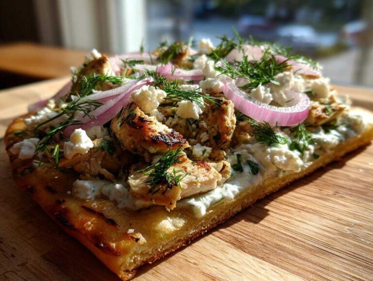 A close-up of a slice of tzatziki chicken naan pizza topped with grilled chicken, feta, red onion, and fresh dill.