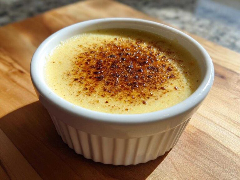 Close-up of a single serving of vanilla baked custard in a white ramekin with a perfectly caramelized sugar top.