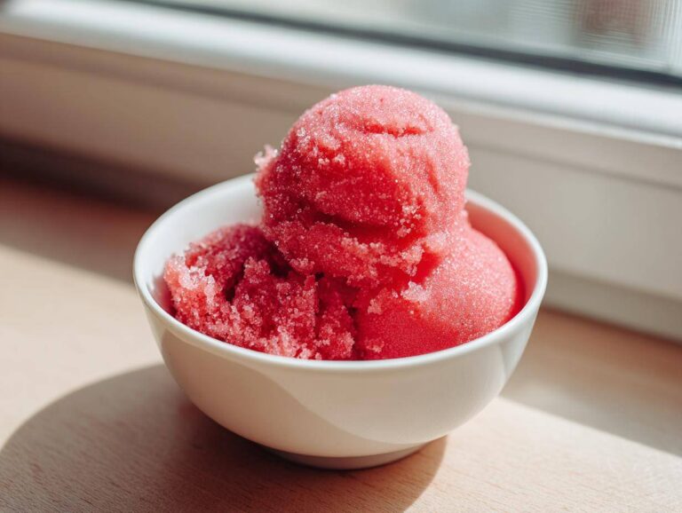 Two scoops of bright pink, icy watermelon sorbet served in a small white bowl, backlit by sunlight.