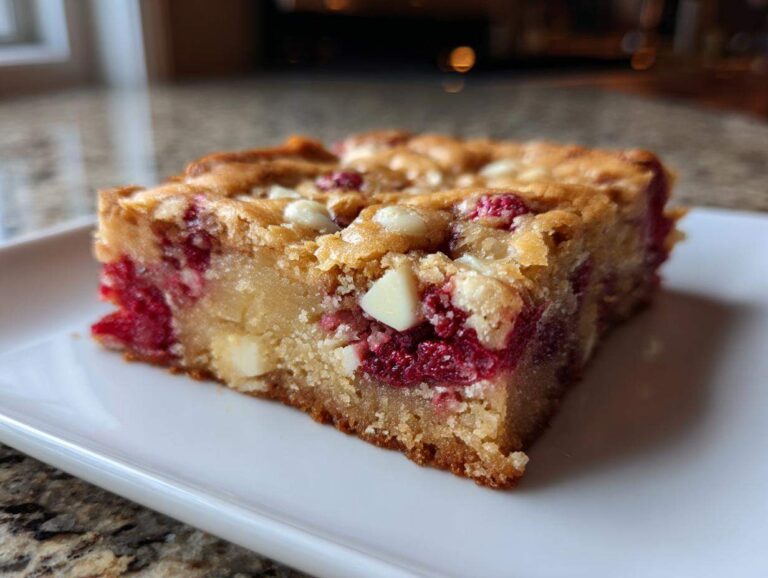 A single, thick slice of white chocolate raspberry blondies showing the dense, chewy texture and bright red raspberries.