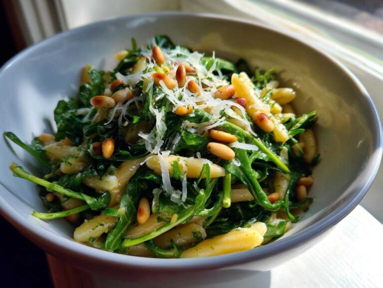 Close-up of a bowl of zesty lemon arugula pasta salad topped with toasted pine nuts and grated Parmesan cheese.