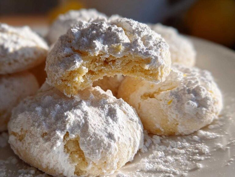 Close-up of several zesty lemon meltaway cookies heavily dusted with powdered sugar, one cookie is broken open showing the soft interior.