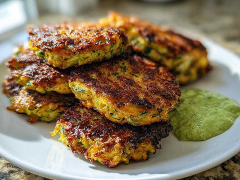 A stack of golden brown Zucchini and Feta Fritters served on a white plate next to a dollop of green dipping sauce.
