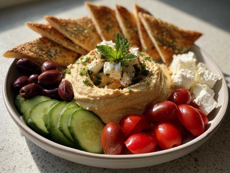A vibrant 15-minute mezze plate featuring hummus topped with feta and mint, surrounded by za'atar pita wedges, olives, cucumbers, and cherry tomatoes.