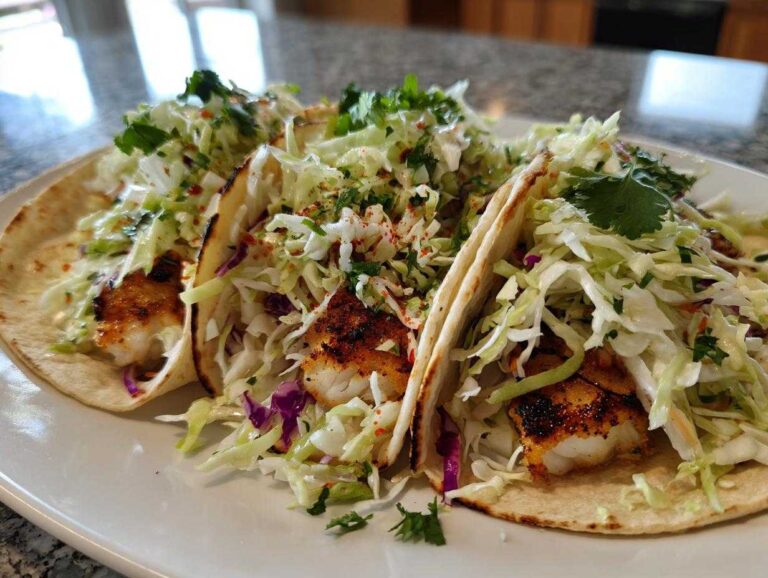 Three fully assembled air fryer fish tacos topped generously with vibrant cabbage slaw and cilantro.