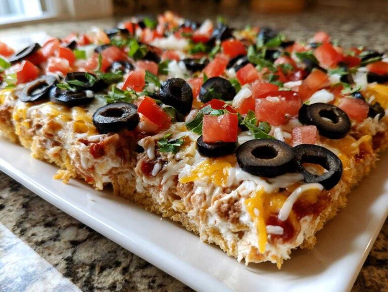 A close-up view showing the layers of the American flag taco dip, topped with cheese, olives, tomatoes, and herbs.