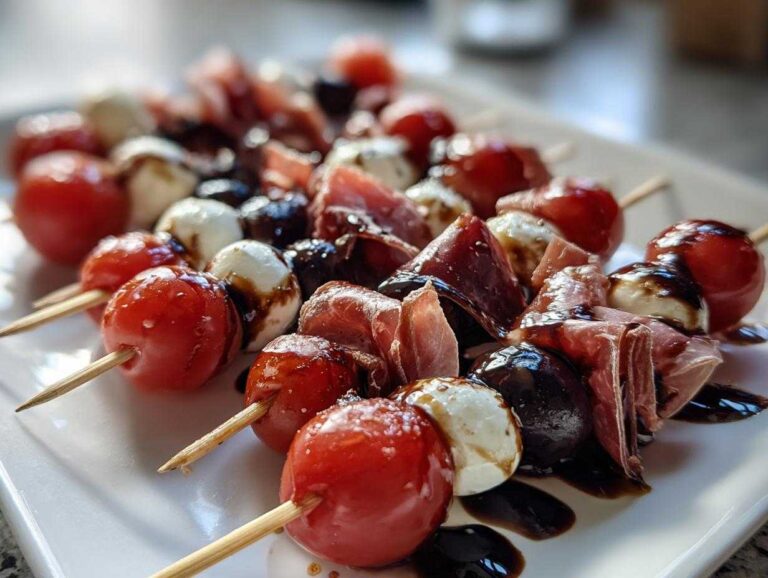 Close-up of several Antipasto skewers with balsamic glaze, featuring cherry tomatoes, mozzarella balls, and prosciutto.