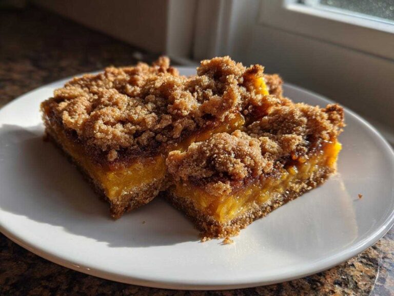 Two squares of rich Apple pie bars with graham cracker crust, featuring a thick crumble topping, served on a white plate.