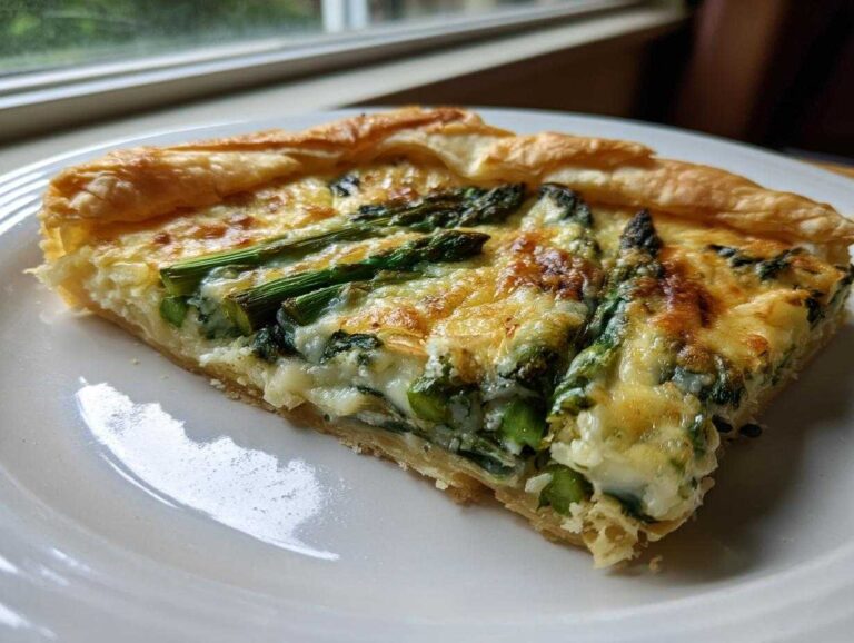 A close-up slice of Asparagus and Gruyere Tart showing green asparagus spears baked into a creamy, cheesy filling with a flaky puff pastry crust.
