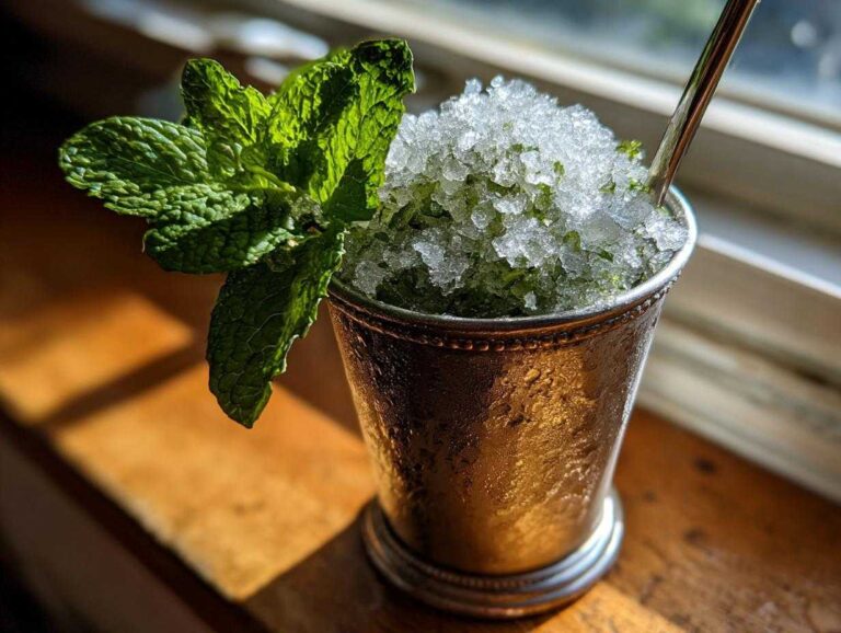 A frosty silver cup filled with a classic Mint julep, topped with crushed ice and a large sprig of fresh mint.