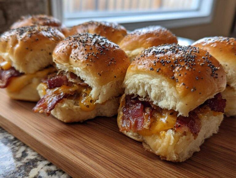 Close-up of several gooey Bacon cheeseburger sliders on Hawaiian rolls topped with poppy seeds.