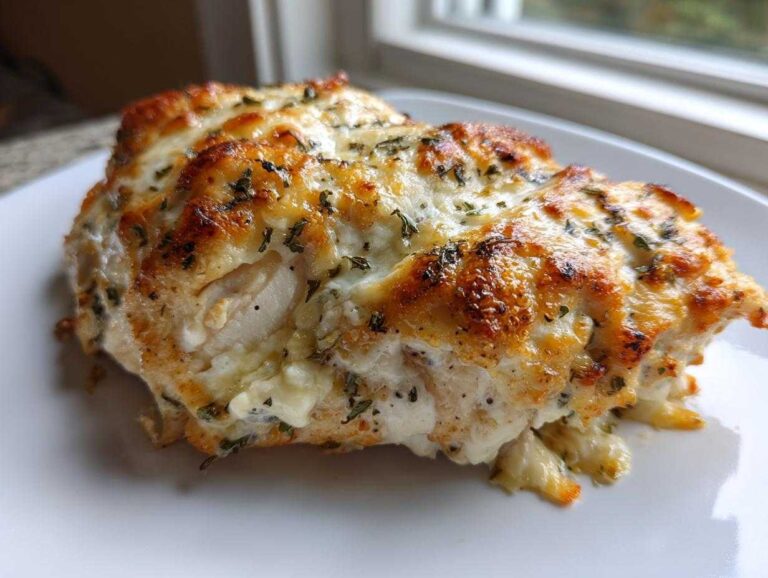 A close-up of a juicy baked cream cheese chicken breast topped with melted, browned cheese and herbs.