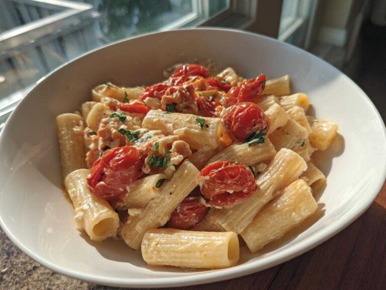 A close-up of creamy baked feta and tomato pasta featuring rigatoni pasta coated in a white sauce with roasted cherry tomatoes.