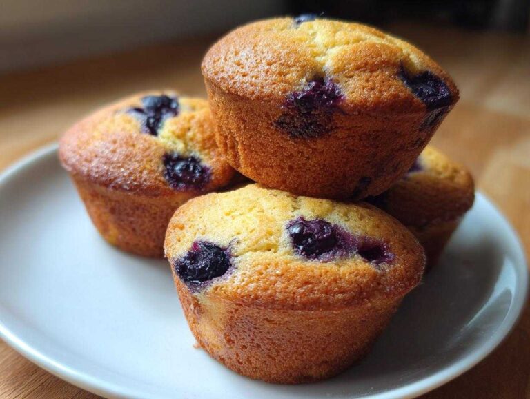 A close-up of four golden-brown banana blueberry protein muffins stacked slightly on a white plate.