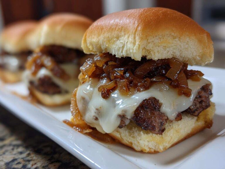 A close-up of one of the delicious beef sliders with caramelized onions and melted white cheese on a small bun.