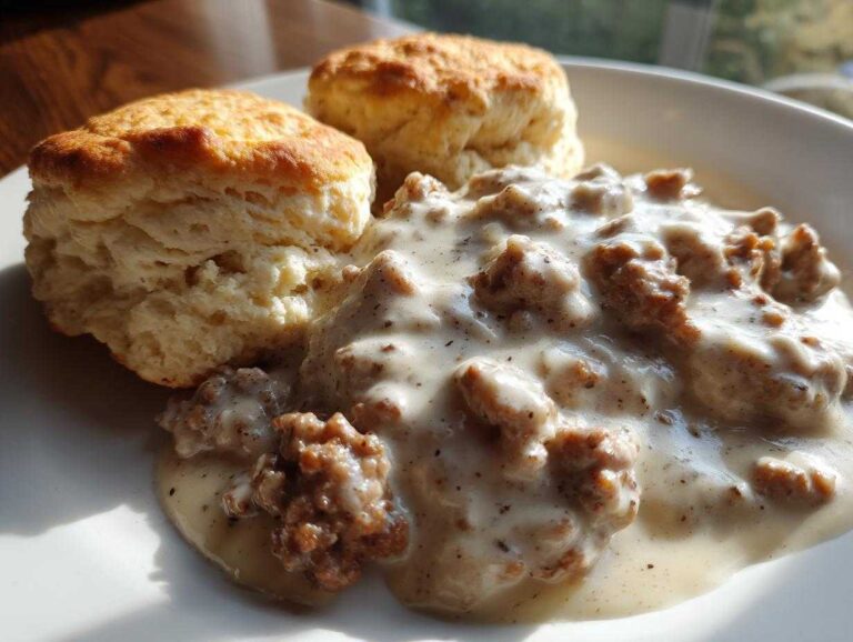 Close-up of two fluffy biscuits smothered in creamy sausage gravy, perfect for biscuits and gravy with sausage.