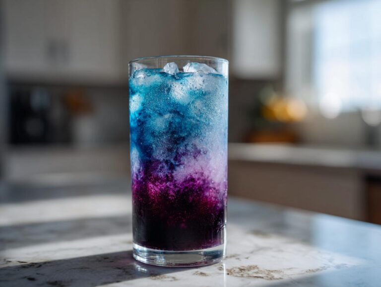 A tall glass filled with ice and layered Blueberry butterfly pea lemonade showing vibrant blue and purple color gradients.