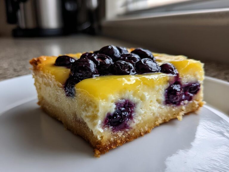 Close-up of a single serving of blueberry cheesecake bars with lemon glaze on a white plate.