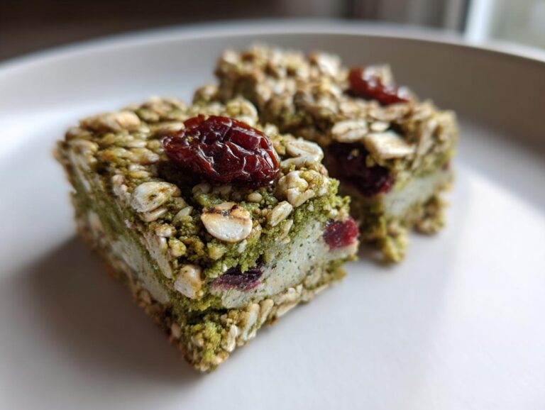 Two square slices of homemade high fiber bars with blueberry matcha, topped with dried cranberries, resting on a white plate.