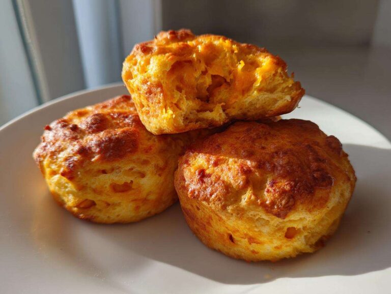 Three golden-brown Buffalo chicken biscuit bombs stacked on a white plate, one broken open to show the soft interior.