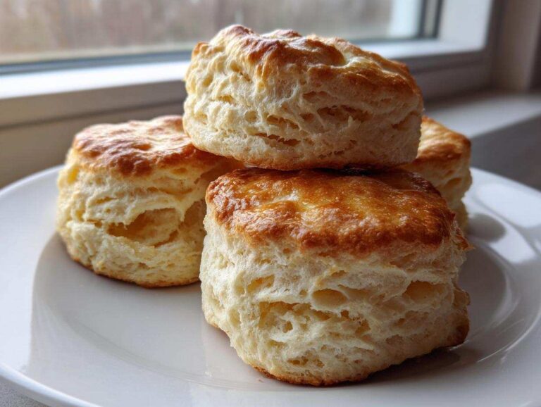 A stack of four golden-brown, fluffy buttermilk biscuits from scratch resting on a white plate near a window.