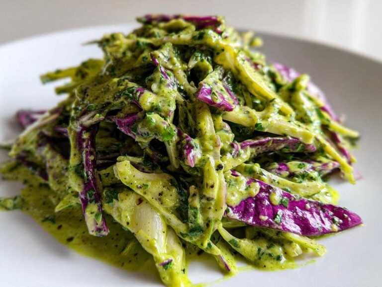 Close-up of shredded red and green cabbage coated heavily in a bright green goddess dressing, served on a white plate.