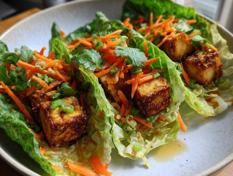 Close-up of delicious cabbage taco wraps filled with crispy tofu, shredded carrots, and cilantro.