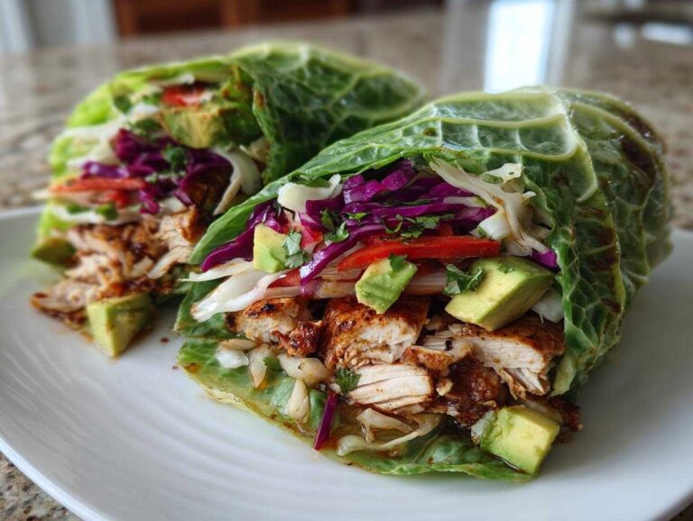 Two healthy cabbage taco wraps filled with seasoned grilled chicken, avocado, red cabbage, and fresh cilantro.