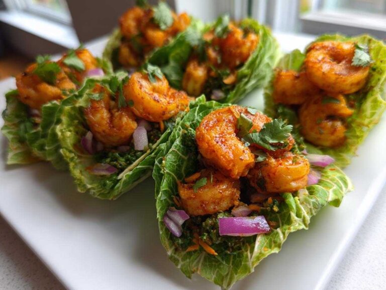 Close-up of several Cabbage taco wraps with shrimp, topped with red onion and cilantro.
