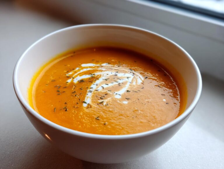 A close-up of vibrant orange carrot ginger soup with coconut milk swirl and herbs in a white bowl.